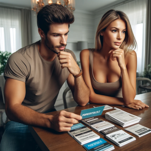 Una pareja joven y atractiva de entre 20 y 30 años está tratando de elegir al mejor agente inmobiliario para vender su casa. Están sentados en una mesa de comedor, revisando una pila de folletos y tarjetas de presentación de agentes inmobiliarios. El hombre tiene cabello castaño corto, es alto y está en forma, viste jeans y una camiseta informal. La mujer tiene el pelo rubio hasta los hombros, es delgada, viste una camiseta sin mangas y jeans. El comedor tiene un estilo moderno con una lámpara de araña encima de la mesa. Sobre la mesa hay un pequeño cartel con la URL: https://www.vendermicasa.org/. La pareja mira pensativamente revisando sus opciones.