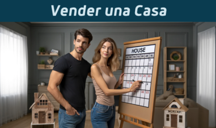 Una pareja joven y atractiva de entre 20 y 30 años parece interesada mientras se organizan para vender su casa. Están en su salón con un gran calendario marcando fechas importantes para el proceso de venta. El hombre tiene cabello castaño corto, es alto y está en forma, viste jeans y una camiseta informal. La mujer tiene el pelo rubio hasta los hombros, es delgada, viste una camiseta sin mangas y jeans. La sala tiene cuatro pequeñas exhibiciones, cada una de las cuales representa una de las cuatro estaciones, con decoraciones relacionadas con la primavera, el verano, el otoño y el invierno. Sobre una mesa hay un pequeño cartel con la URL: https://www.vendermicasa.org/. La pareja parece comprometida con su planificación. Formato de imagen horizontal.