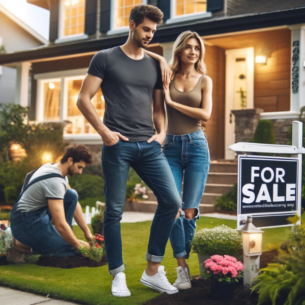 Una pareja joven y atractiva de entre 20 y 30 años está organizando un 'Curb Appeal' para atraer compradores a su casa en venta. Están ordenando el jardín delantero, plantando flores e instalando iluminación exterior para mejorar la apariencia de la casa. El hombre tiene cabello castaño corto, es alto y está en forma, viste jeans y una camiseta informal. La mujer tiene el pelo rubio hasta los hombros, es delgada, viste una camiseta sin mangas y jeans. La casa es de una sola planta con un patio delantero bien cuidado. Se ve un letrero grande que dice "Se vende" y cerca de la puerta principal hay un letrero pequeño con la URL: https://www.vendermicasa.org/. La pareja parece centrada en mejorar el atractivo exterior.