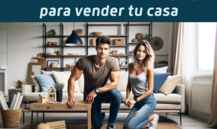 Una pareja joven y atractiva de entre 20 y 30 años está haciendo una puesta en escena para preparar su casa para la venta. Están reorganizando los muebles, añadiendo elementos decorativos y ordenando la sala de estar. El hombre tiene cabello castaño corto, es alto y está en forma, viste jeans y una camiseta informal. La mujer tiene el pelo rubio hasta los hombros, es delgada, viste una camiseta sin mangas y jeans. La habitación es una sala de estar moderna con un gran sofá, una mesa de café y una alfombra. Hay un pequeño cartel en la mesa de café con la URL: https://www.vendermicasa.org/. La pareja parece satisfecha con su trabajo. Formato de imagen amplio.