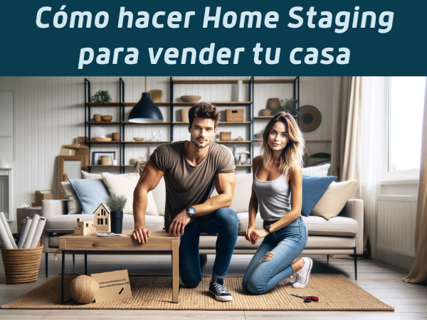 Una pareja joven y atractiva de entre 20 y 30 años está haciendo una puesta en escena para preparar su casa para la venta. Están reorganizando los muebles, añadiendo elementos decorativos y ordenando la sala de estar. El hombre tiene cabello castaño corto, es alto y está en forma, viste jeans y una camiseta informal. La mujer tiene el pelo rubio hasta los hombros, es delgada, viste una camiseta sin mangas y jeans. La habitación es una sala de estar moderna con un gran sofá, una mesa de café y una alfombra. Hay un pequeño cartel en la mesa de café con la URL: https://www.vendermicasa.org/. La pareja parece satisfecha con su trabajo. Formato de imagen amplio.