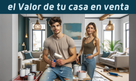 Una pareja joven y atractiva de entre 20 y 30 años está haciendo reparaciones y renovaciones en su casa en venta, lo que aumenta el valor de la propiedad. Están repintando las paredes, arreglando accesorios y reemplazando herrajes obsoletos. El hombre tiene cabello castaño corto, es alto y está en forma, viste jeans y una camiseta informal. La mujer tiene el pelo rubio hasta los hombros, es delgada, viste una camiseta sin mangas y jeans. Están en la sala de estar con equipos de pintura y accesorios nuevos. Un pequeño cartel con la URL: https://www.vendermicasa.org/ está colocado sobre una mesa de trabajo. La pareja parece ocupada con las reparaciones y renovaciones. Relación de aspecto horizontal.