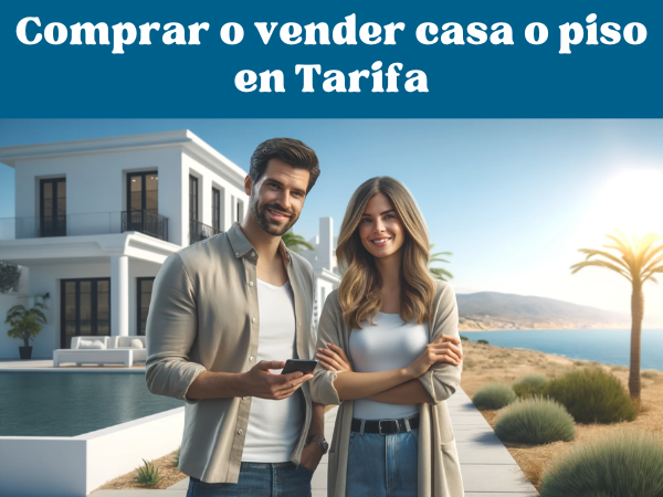 Una imagen panorámica moderna y realista de una atractiva pareja parada frente a una hermosa casa en Tarifa, Cádiz. Se ven felices y participando en una discusión sobre la compra o venta de la propiedad. Al fondo aparece un encantador paisaje costero típico de Tarifa con cielos despejados y palmeras. La casa es contemporánea con paredes blancas y grandes ventanales. La pareja está vestida de manera informal, lo que refleja un día cómodo y soleado. https://www.vendermicasa.org/