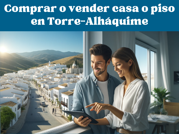 Una imagen panorámica moderna y realista que muestra a una atractiva pareja hablando sobre bienes raíces en Torre-Alháquime, Cádiz. La escena muestra una ciudad pintoresca con casas blancas, calles estrechas y un fondo de colinas. La pareja está mirando una lista de casas en una tableta, sonriendo y conversando. El entorno incluye algo de arquitectura local, como casas tradicionales andaluzas con fachadas blancas y techos de terracota. El ambiente general es soleado y acogedor, resaltando el encanto y el atractivo del lugar. https://www.vendermicasa.org/