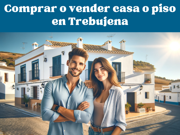 Una imagen panorámica moderna y realista de una pareja atractiva. Están parados frente a una encantadora casa en Trebujena, Cádiz, luciendo felices y confiados. El fondo presenta una arquitectura típica andaluza con paredes encaladas, techos de tejas y un cielo azul y soleado. Incluya una superposición sutil con el título 'Cómo comprar o vender casa o piso en Trebujena, Cádiz' en una fuente elegante y legible. https://www.vendermicasa.org/