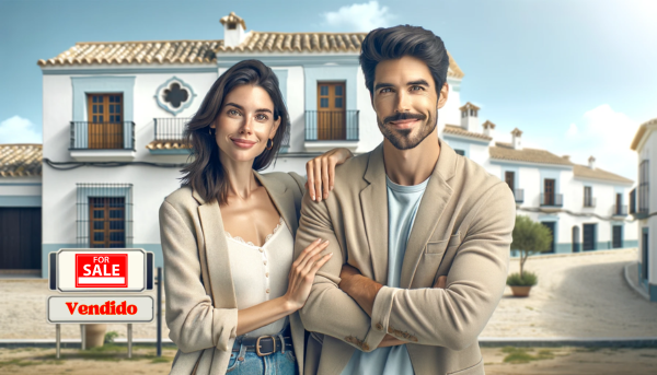 Una imagen panorámica moderna y realista de una pareja atractiva. Están parados frente a una encantadora casa en Trebujena, Cádiz, luciendo felices y confiados. El fondo presenta una arquitectura típica andaluza con paredes encaladas, techos de tejas y un cielo azul y soleado. Incluya una superposición sutil con el título 'Cómo comprar o vender casa o piso en Trebujena, Cádiz' en una fuente elegante y legible. https://www.vendermicasa.org/