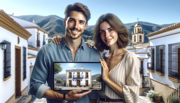 Una imagen panorámica moderna y realista que presenta a una pareja atractiva. La escena está ambientada en Ubrique, Cádiz, con la pareja parada frente a una casa con encanto. El hombre y la mujer sonríen y parecen felices, posiblemente en el proceso de comprar o vender la casa. El fondo muestra la hermosa arquitectura y el pintoresco entorno de Ubrique, con sus edificios encalados y su paisaje montañoso. El ambiente general es acogedor y positivo, enfatizando el tema de la compra o venta de propiedades en este pintoresco lugar. https://www.vendermicasa.org/