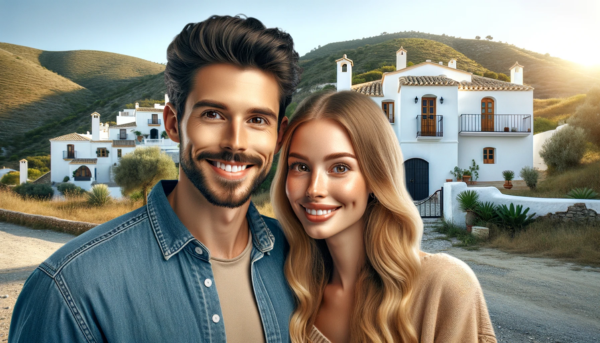 Una imagen moderna y realista de una pareja atractiva en una relación de aspecto de pantalla ancha. La pareja se encuentra frente a una preciosa casa en Villaluenga del Rosario, Cádiz. Sonríen y parecen felices, lo que sugiere que están en el proceso de comprar o vender la casa. El fondo muestra el pintoresco pueblo de Villaluenga del Rosario con sus encantadores edificios blancos y su paisaje escénico. https://www.vendermicasa.org/