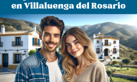 Una imagen moderna y realista de una pareja atractiva en una relación de aspecto de pantalla ancha. La pareja se encuentra frente a una preciosa casa en Villaluenga del Rosario, Cádiz. Sonríen y parecen felices, lo que sugiere que están en el proceso de comprar o vender la casa. El fondo muestra el pintoresco pueblo de Villaluenga del Rosario con sus encantadores edificios blancos y su paisaje escénico. https://www.vendermicasa.org/