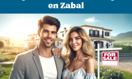 Una imagen panorámica moderna y realista de una atractiva pareja parada frente a una casa en Zábal, Campo de Gibraltar, Cádiz. La pareja sonríe y mira a la cámara, con el cartel de venta de la casa visible. El fondo muestra un barrio soleado y pintoresco con casas de estilo mediterráneo, exuberante vegetación y un cielo azul claro. La imagen debe transmitir una sensación de felicidad y éxito, reflejando el título: 'Cómo comprar o vender casa o piso en Zábal, Campo de Gibraltar, Cádiz'. https://www.vendermicasa.org/