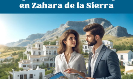 Una imagen panorámica moderna y realista de una pareja atractiva en un entorno pintoresco. La escena está ambientada en Zahara de la Sierra, Cádiz, con sus icónicas casas blancas y su pintoresco paisaje montañoso. La pareja discute sobre bienes raíces, sostiene folletos y señala casas. El ambiente es profesional y optimista, representando el tema de la compra o venta de una casa o apartamento en Zahara de la Sierra. https://www.vendermicasa.org/