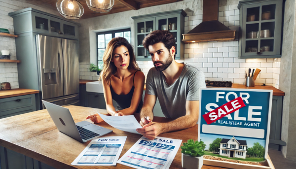 Imagen horizontal de una pareja que planea vender su casa sin contratar a un agente inmobiliario. La pareja está sentada en la mesa de la cocina con un cartel de "Se vende", una computadora portátil que muestra listados de bienes raíces y papeles desplegados. Parecen concentrados y comprometidos en la discusión. La cocina es moderna con una iluminación brillante y una decoración elegante. https://vendermicasa.org/