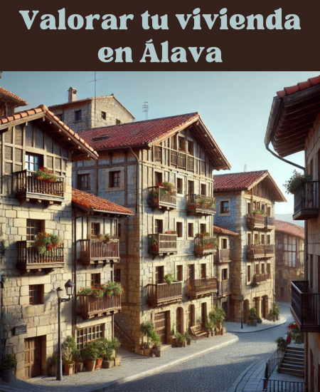 Imagen hiperrealista de edificios típicos de Álava, España. Los edificios se caracterizan por la arquitectura tradicional vasca, con estructuras de piedra y madera y tejados de tejas rojas. La escena incluye calles estrechas y empedradas, balcones con flores y algo de vegetación. La iluminación debe reflejar un día soleado con cielos despejados. https://vendermicasa.org/