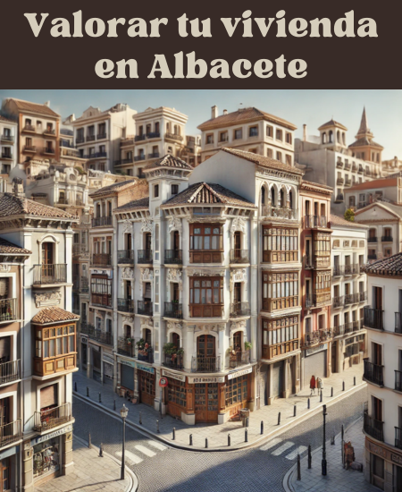 Una imagen hiperrealista de edificios típicos de Albacete, España. La escena incluye arquitectura tradicional española con fachadas detalladas, balcones y tejados de tejas. Los edificios son una mezcla de estilos residenciales e históricos, que muestran el encanto y el carácter locales. Las calles son estrechas y están bordeadas de adoquines, con unas cuantas personas paseando y disfrutando del día soleado. El cielo es claro y azul, realzando los vibrantes colores de los edificios. https://vendermicasa.org/