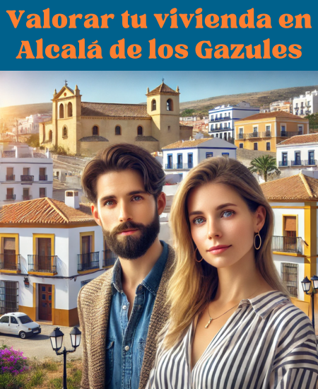 Imagen hiperrealista de una pareja joven y atractiva que busca vender su casa en Alcalá de los Gazules, Comarca de La Janda, Cádiz, España. La escena incluye una mezcla de edificios tradicionales y modernos característicos de la zona. El escenario es vibrante, fresco y fotográfico, con colores brillantes y llenos de alta definición. La pareja está de pie delante de su casa, con un fondo de ciudad claro y animado que muestra tanto la arquitectura histórica como la contemporánea. https://www.vendermicasa.org/