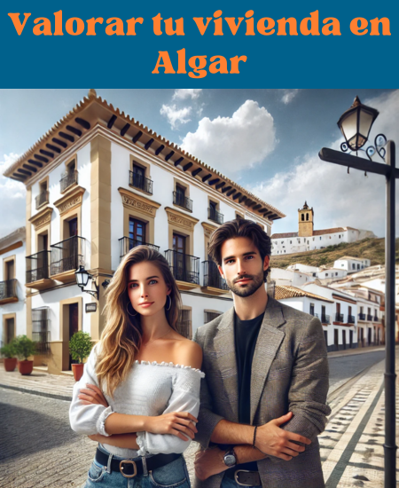 Imagen hiperrealista de una pareja joven y atractiva que quiere vender su casa en Algar, Comarca de la Sierra de Cádiz, Cádiz, España. La escena tiene un aspecto contemporáneo y realista, con edificios tradicionales de la zona mezclados con estructuras más modernas. La imagen es fresca, fotográfica y de alta calidad en Full HD, con colores vibrantes. La pareja está delante de su casa, que mezcla elementos arquitectónicos tradicionales andaluces con toques modernos, bajo un cielo claro y brillante. https://www.vendermicasa.org/