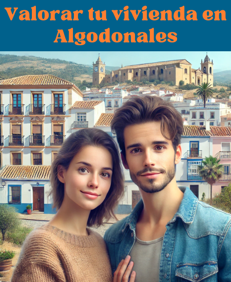 Imagen hiperrealista de una pareja joven y atractiva que quiere vender su casa en Algodonales, Sierra de Cádiz, Cádiz, España. La escena parece actual y real, con una mezcla de edificios tradicionales de la zona con estructuras más modernas. La imagen es fresca, de alta calidad y fotográfica en Full HD, con colores vibrantes. La pareja está de pie delante de su casa, que mezcla elementos arquitectónicos tradicionales y contemporáneos, captando la sensación auténtica de la ciudad sin ningún ambiente bucólico o brumoso. https://www.vendermicasa.org/