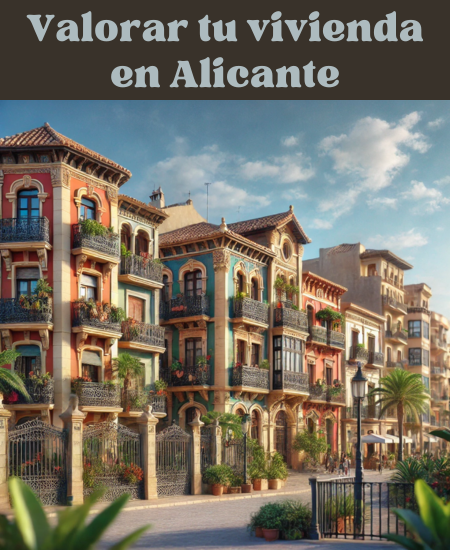 Una imagen hiperrealista de edificios típicos de Alicante, España. Los edificios deben mostrar una arquitectura mediterránea con características como colores brillantes, balcones detallados, tejados de tejas tradicionales y barandillas de hierro forjado. La escena debe incluir un día soleado con un cielo azul despejado, y algunas plantas y árboles de un verde exuberante alrededor de los edificios. Se puede ver a algunas personas paseando o sentadas en el fondo, disfrutando del agradable clima. https://vendermicasa.org/