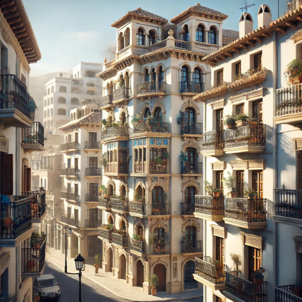 Hiperrealista imagen de edificios típicos de Almería, España. Los edificios son de estilo mediterráneo con fachadas blancas, techos de tejas rojas, balcones adornados con plantas y ventanas con persianas de madera. El cielo es azul claro y el sol brilla intensamente, iluminando las calles estrechas y empedradas. En el fondo, se puede ver la silueta de las montañas desérticas características de la región.
https://vendermicasa.org/