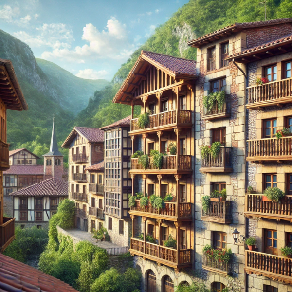 Hiperrealista imagen de edificios típicos de Asturias, España. Edificios tradicionales con fachadas de piedra, balcones de madera, y tejados de teja roja. El entorno muestra un ambiente verde y montañoso, con una atmósfera tranquila y auténtica. Se pueden ver algunas flores decorativas en los balcones y un cielo azul con algunas nubes.
https://vendermicasa.org/