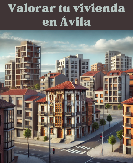 A hyper-realistic image of typical buildings in Ávila, Spain. The scene includes modern buildings mixed with single-family homes. The image also features a characteristic building from the area, with a focus on capturing the unique architectural style. The setting is urban with clear blue skies, and the buildings have a mix of contemporary and traditional elements, such as red-tiled roofs and stone facades.