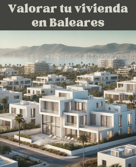 Imagen hiperrealista de edificios típicos de las Islas Baleares, España, de arquitectura moderna. La escena incluye una mezcla de edificios, como viviendas unifamiliares contemporáneas y algunos edificios regionales característicos. El fondo debe incluir elementos que indiquen que se trata de una isla, como vistas del mar, palmeras y paisaje costero. Los edificios deben reflejar la estética limpia y blanca que suele verse en la arquitectura balear, con líneas minimalistas e integración con el entorno natural. La imagen debe tener una relación de aspecto cuadrada. https://vendermicasa.org/