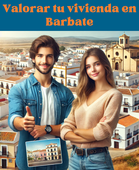 Imagen hiperrealista de una pareja joven y atractiva que quiere vender su casa en Barbate, Comarca de La Janda, Cádiz, España. La escena es actual y realista, presentando la ciudad con una mezcla de edificios tradicionales y modernos. La imagen es vibrante, sin utilizar colores apagados o pastel, y es fresca, de alta calidad y fotográfica en Full HD. La pareja está de pie delante de su casa con los elementos arquitectónicos característicos de la región. https://www.vendermicasa.org/