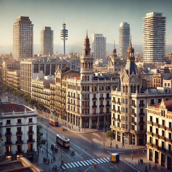 Imagen hiperrealista de edificios típicos de Barcelona, España, que capta el paisaje arquitectónico actual y real de la ciudad. La escena incluye una mezcla de edificios modernos y tradicionales, que refleja el auténtico entorno urbano de Barcelona. La imagen debe parecer una fotografía actual de la ciudad.
https://vendermicasa.org/