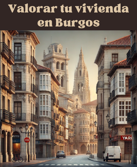 Imagen hiperrealista de edificios típicos de Burgos, España. La escena debe parecer una representación actual y real de la ciudad, mostrando la arquitectura característica, incluyendo edificios históricos y estructuras contemporáneas, todo ello reflejando el singular paisaje urbano de Burgos. https://vendermicasa.org/