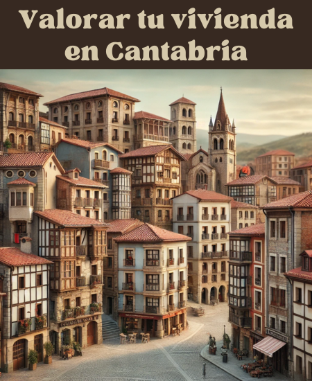 Imagen hiperrealista de edificios típicos de Cantabria, España, que parece una foto real y auténtica de la ciudad. La escena incluye una mezcla de edificios tradicionales de la zona y estructuras más modernas. La imagen capta el paisaje arquitectónico único de Cantabria, mezclando elementos históricos con diseños contemporáneos. https://vendermicasa.org/