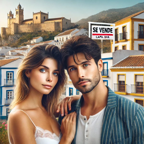 Imagen hiperrealista de una pareja joven y atractiva que quiere vender su casa en Castellar de la Frontera, Comarca del Campo de Gibraltar, Cádiz, España. La escena incluye una mezcla de edificios tradicionales de la zona con estructuras modernas. La imagen es fresca, fotográfica y de alta calidad en Full HD. Se ve un cartel de "SE VENDE". Los colores son vibrantes y no apagados o pastel.
https://www.vendermicasa.org/