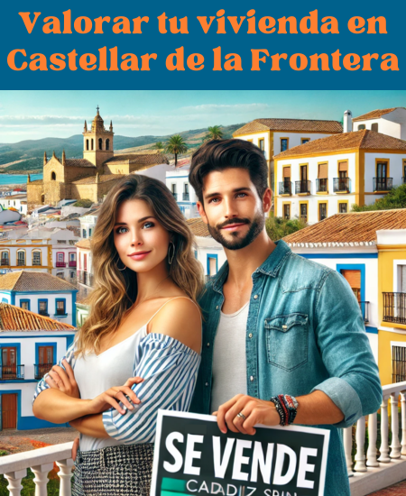 Imagen hiperrealista de una pareja joven y atractiva que quiere vender su casa en Castellar de la Frontera, Comarca del Campo de Gibraltar, Cádiz, España. La escena incluye una mezcla de edificios tradicionales de la zona con estructuras modernas. La imagen es fresca, fotográfica y de alta calidad en Full HD. Se ve un cartel de "SE VENDE". Los colores son vibrantes y no apagados o pastel. https://www.vendermicasa.org/