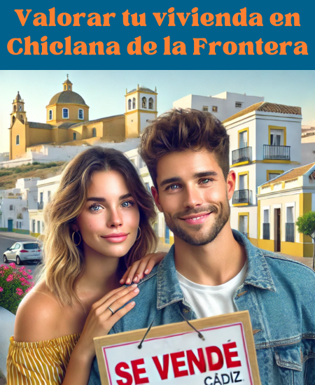 Imagen hiperrealista de una pareja joven y atractiva que quiere vender su casa en Chiclana de la Frontera, en la Bahía de Cádiz, Cádiz, España. La escena presenta un ambiente moderno y fresco con un estilo fotográfico full HD claro y de alta calidad, evitando los colores pastel o apagados. El fondo incluye una mezcla de edificios tradicionales de la zona con arquitectura moderna. Si hay un cartel, debe decir "SE VENDE". La imagen debe parecer realista, actual y vibrante, captando la esencia de Chiclana de la Frontera. https://www.vendermicasa.org/