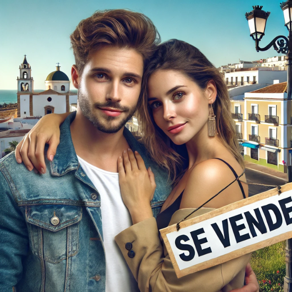 Imagen hiperrealista de una pareja joven y atractiva que quiere vender su casa en Chiclana de la Frontera, en la Bahía de Cádiz, Cádiz, España. La escena presenta un ambiente moderno y fresco con un estilo fotográfico full HD claro y de alta calidad, evitando los colores pastel o apagados. El fondo incluye una mezcla de edificios tradicionales de la zona con arquitectura moderna. Si hay un cartel, debe decir "SE VENDE". La imagen debe parecer realista, actual y vibrante, captando la esencia de Chiclana de la Frontera. https://www.vendermicasa.org/