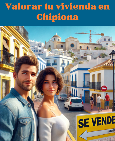 Imagen hiperrealista de una pareja joven y atractiva que quiere vender su casa en Chipiona, situada en la comarca de la Costa Noroeste de Cádiz, España. La escena presenta una mezcla de edificios tradicionales y modernos típicos de la zona. La imagen es luminosa, fresca y fotorrealista, y muestra el ambiente vibrante de la ciudad. Se ve claramente un cartel de "SE VENDE". Los colores son vivos y animados, sin tonos pastel ni apagados, y el estilo general es nítido y de alta definición, captando la esencia de un escenario inmobiliario contemporáneo. https://www.vendermicasa.org/