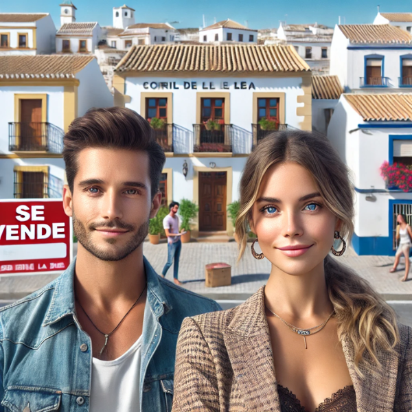 Imagen hiperrealista de una pareja joven y atractiva en Conil de la Frontera, Comarca de La Janda, Cádiz, España. Están de pie delante de su casa, que están vendiendo, con un cartel visible de "SE VENDE". La imagen combina edificios tradicionales típicos de la región con estructuras más modernas. La escena es fresca, vibrante y fotorrealista, con claridad de alta definición y colores vivos, que captan el ambiente actual y real de la ciudad. El cielo está despejado y la iluminación es brillante, lo que da a la imagen una sensación nítida y viva.
https://www.vendermicasa.org/