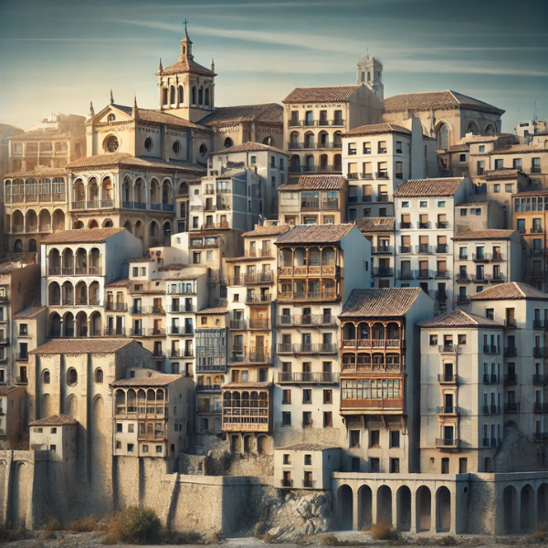 Imagen hiperrealista de edificios típicos de Cuenca, España, que combina arquitectura tradicional y moderna. La escena debe aparecer como una vista actual y real de la ciudad, en la que aparezcan edificios históricos característicos de Cuenca junto a estructuras contemporáneas. La imagen debe mostrar la mezcla única de lo antiguo y lo nuevo en el paisaje arquitectónico de Cuenca.
https://vendermicasa.org/