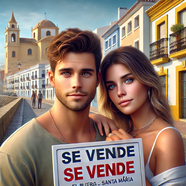 Imagen hiperrealista de una pareja joven y atractiva vendiendo su casa en El Puerto de Santa María, Bahía de Cádiz, Cádiz, España. La escena incluye edificios tradicionales y modernos típicos de la zona, con colores vivos y vibrantes. El letrero en primer plano es claro y pone bien visible "SE VENDE". La imagen tiene un estilo fotográfico fresco, de alta calidad y Full HD, y se presenta en una relación de aspecto cuadrada.
https://www.vendermicasa.org/