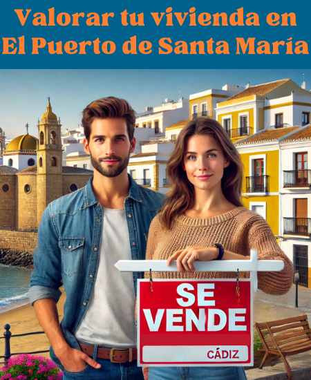 Imagen hiperrealista de una pareja joven y atractiva vendiendo su casa en El Puerto de Santa María, Bahía de Cádiz, Cádiz, España. La escena incluye edificios tradicionales y modernos típicos de la zona, con colores vivos y vibrantes. El letrero en primer plano es claro y pone bien visible "SE VENDE". La imagen tiene un estilo fotográfico fresco, de alta calidad y Full HD, y se presenta en una relación de aspecto cuadrada. https://www.vendermicasa.org/