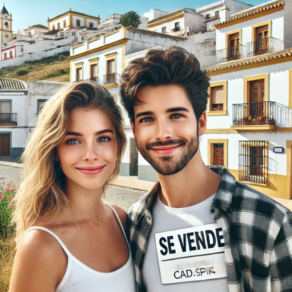 Imagen hiperrealista de una atractiva pareja joven delante de su casa en Espera, Comarca de la Sierra de Cádiz, Cádiz, España. La escena incluye edificios tradicionales y modernos típicos de la zona. La pareja sonríe y parece dispuesta a vender su casa, con un cartel de "SE VENDE" visible en primer plano. La imagen es luminosa, fresca y de alta calidad, y capta el ambiente vibrante y auténtico de la ciudad con colores vivos y detalles nítidos.
https://www.vendermicasa.org/