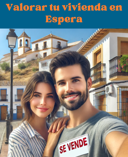 Imagen hiperrealista de una atractiva pareja joven delante de su casa en Espera, Comarca de la Sierra de Cádiz, Cádiz, España. La escena incluye edificios tradicionales y modernos típicos de la zona. La pareja sonríe y parece dispuesta a vender su casa, con un cartel de "SE VENDE" visible en primer plano. La imagen es luminosa, fresca y de alta calidad, y capta el ambiente vibrante y auténtico de la ciudad con colores vivos y detalles nítidos. https://www.vendermicasa.org/