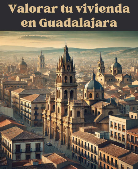 Imagen hiperrealista de edificios típicos de Guadalajara, España, con una mezcla de estructuras tradicionales y modernas. La escena debe parecer una vista real y actual de la ciudad, mostrando su paisaje arquitectónico único. La imagen mezcla edificios históricos con arquitectura contemporánea, captando la esencia de Guadalajara. https://vendermicasa.org/