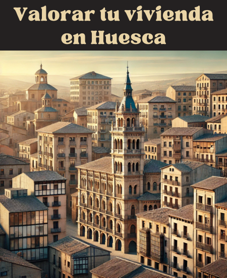 Imagen hiperrealista de edificios típicos de Huesca, España, que parece una imagen actual y real de la ciudad. La escena incluye una combinación de edificios tradicionales de la zona con estructuras modernas. La imagen capta el paisaje arquitectónico único de Huesca con una mezcla de elementos históricos y contemporáneos. https://vendermicasa.org/