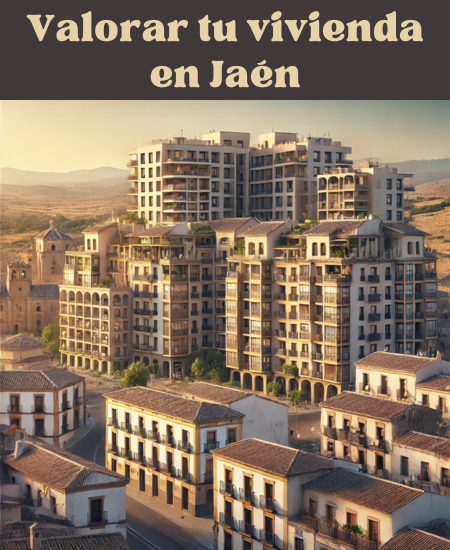 Imagen hiperrealista de edificios típicos de Jaén, España, que representa una visión actual y realista de la ciudad. La escena combina edificios tradicionales de la zona con estructuras más modernas, captando la mezcla arquitectónica única de Jaén. La imagen muestra una mezcla armoniosa de elementos históricos y contemporáneos en una relación de aspecto cuadrada. https://vendermicasa.org/