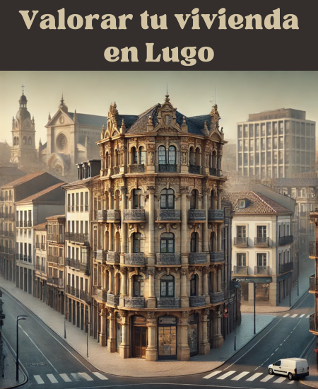 Imagen hiperrealista de edificios típicos de Lugo, España, con una combinación de arquitectura tradicional y moderna. La escena parece actual y realista, mostrando la mezcla única de estructuras históricas con edificios contemporáneos, captando la esencia del paisaje urbano de Lugo. https://vendermicasa.org/