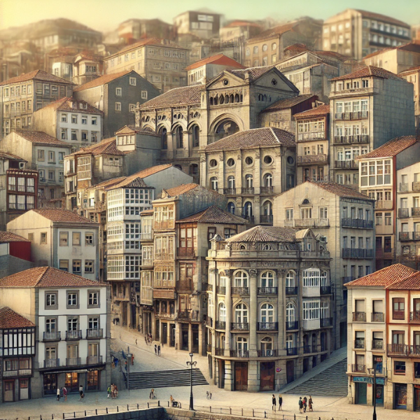 Imagen hiperrealista de edificios típicos de Ourense, España, que parece una escena actual y real de la ciudad. La imagen combina edificios tradicionales de la zona con estructuras más modernas, captando la singular mezcla arquitectónica de Ourense con elementos históricos y contemporáneos.
https://vendermicasa.org/