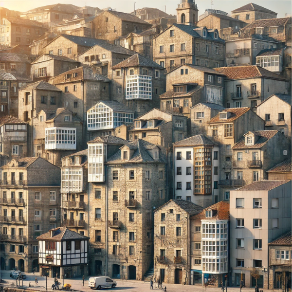 Imagen hiperrealista de edificios típicos de Pontevedra, España, que muestra una escena actual y realista de la ciudad. La imagen combina edificios tradicionales característicos de la zona con estructuras más modernas, captando la diversidad arquitectónica de Pontevedra. La escena debe incluir una mezcla de edificios antiguos de piedra con elementos modernos, reflejando la mezcla única de lo antiguo y lo nuevo en la ciudad.
https://vendermicasa.org/