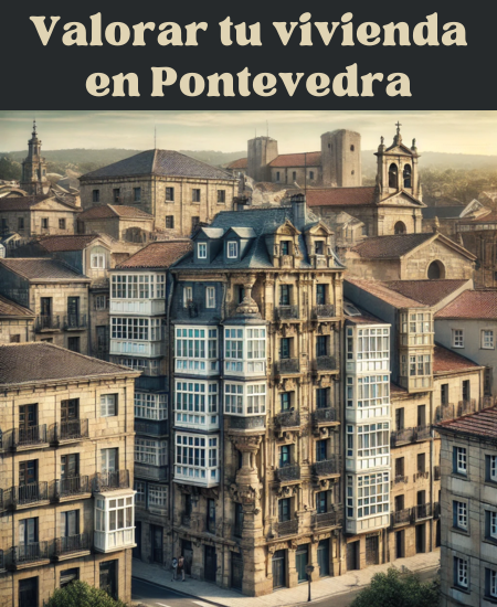 Imagen hiperrealista de edificios típicos de Pontevedra, España, que muestra una escena actual y realista de la ciudad. La imagen combina edificios tradicionales característicos de la zona con estructuras más modernas, captando la diversidad arquitectónica de Pontevedra. La escena debe incluir una mezcla de edificios antiguos de piedra con elementos modernos, reflejando la mezcla única de lo antiguo y lo nuevo en la ciudad. https://vendermicasa.org/