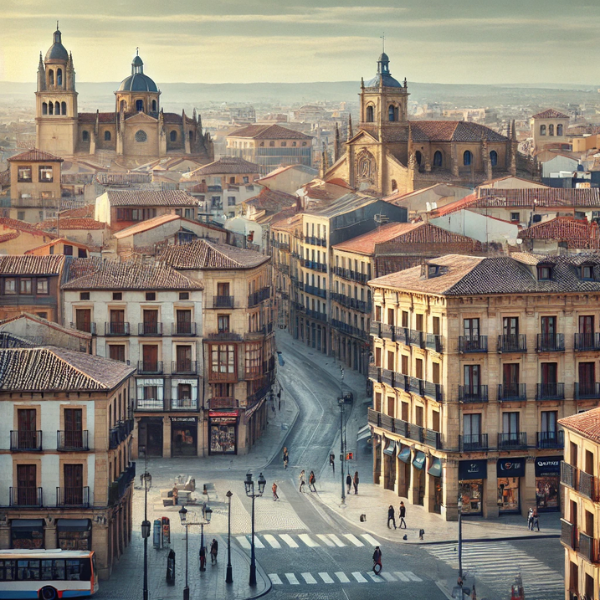 Imagen hiperrealista de edificios típicos de Salamanca, España, con una mezcla de estructuras tradicionales y modernas. La escena parece una vista actual y realista de la ciudad, mezclando arquitectura histórica con edificios contemporáneos, captando la esencia única de Salamanca.
https://vendermicasa.org/