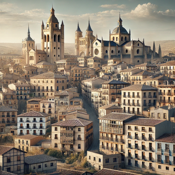 Imagen hiperrealista de edificios típicos de Segovia, España, que parece una fotografía actual y real de la ciudad. La escena incluye edificios tradicionales característicos de la zona combinados con edificios modernos, mostrando el singular paisaje arquitectónico de Segovia. La imagen mezcla armoniosamente elementos históricos y contemporáneos.
https://vendermicasa.org/